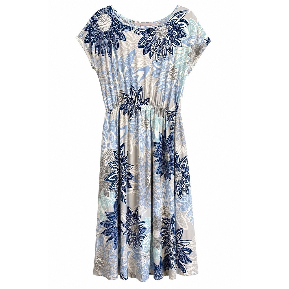 NWT Amelia James Floral Midi Dress 2XL Soft Knit Pockets Stretch Waist Travel